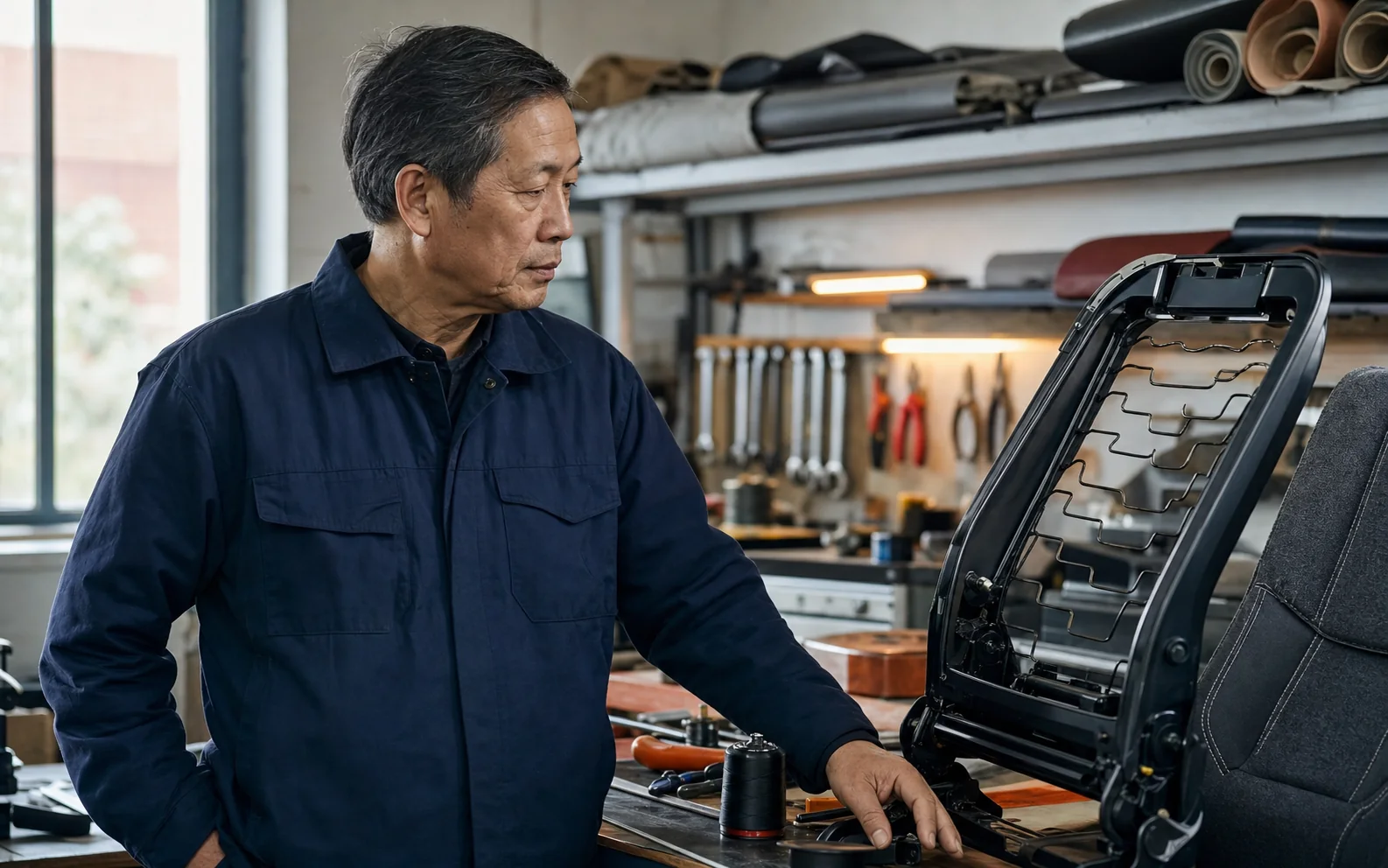 顺华座椅维修师傅在门店工作